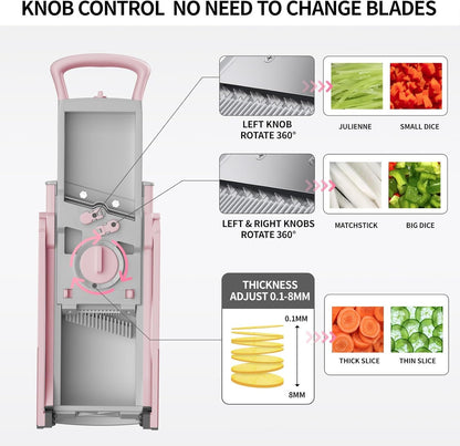 Safe Mandoline Food Slicer for Kitchen, Multifunctional Vegetable Chopper, Mandoline Potato Slicer with 35+ Presets & Thickness Adjuster, French Fry Cutter, Veggie Dicer for Meal Prep Pink