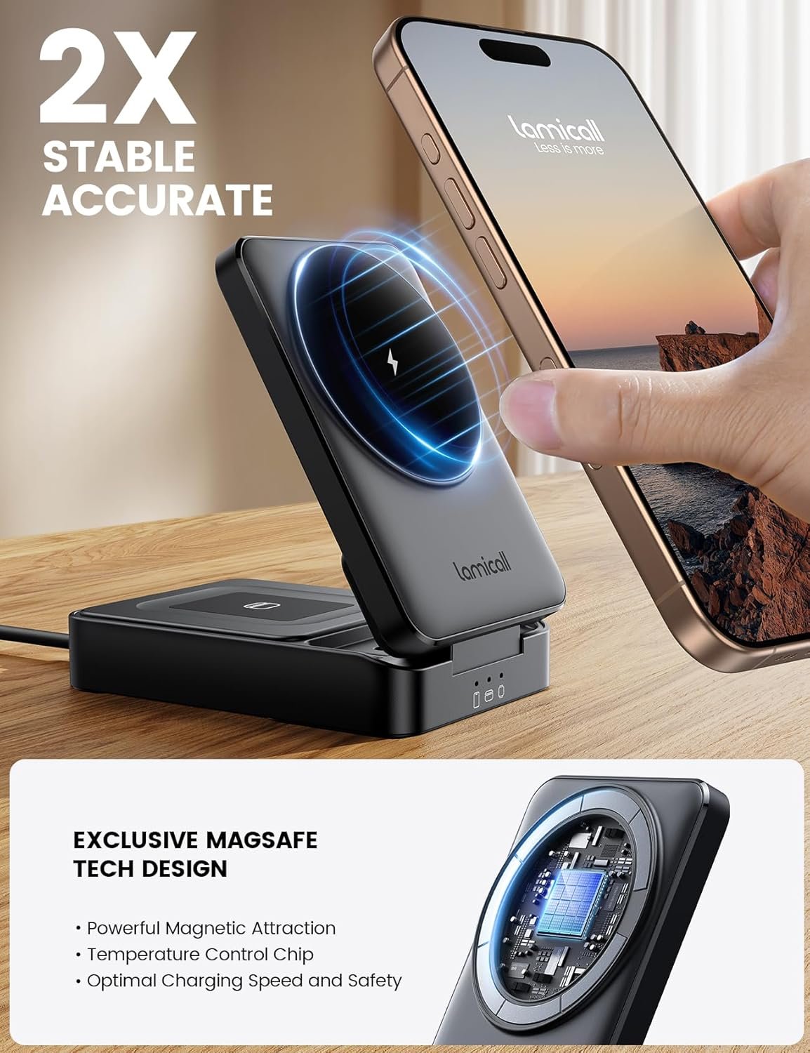 Lamicall 3 in 1 Charging Station for Apple - Foldable Wireless Charger Stand for Mag Safe Portable, Travel Wireless Charger Station for Multiple Devices for iPhone 16, 15, 14, 13, Apple Watch, AirPods