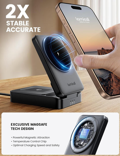 Lamicall 3 in 1 Charging Station for Apple - Foldable Wireless Charger Stand for Mag Safe Portable, Travel Wireless Charger Station for Multiple Devices for iPhone 16, 15, 14, 13, Apple Watch, AirPods