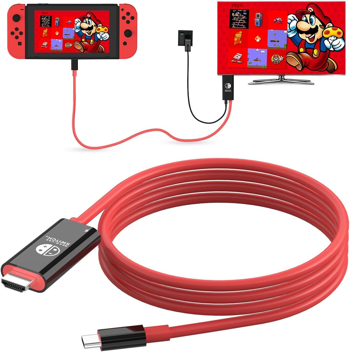 USB C to HDMI Adapter Cable for Nintendo Switch Dock,6FT/1.8M Switch Docking Station for TV with 4K Switch Dock HDMI Cable, 100W Switch Charging Dock- Black with Red