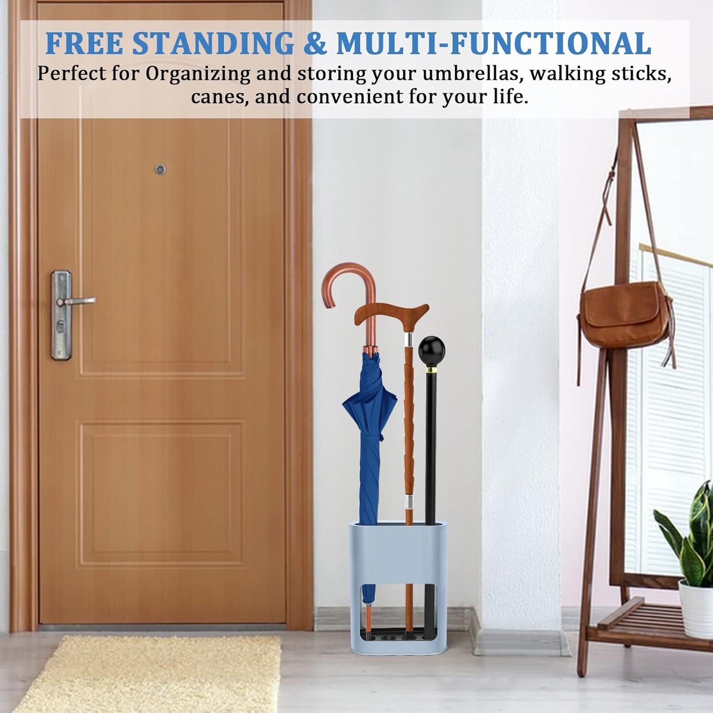 DricRoda Small Space Saving Umbrella Rack with Drip Tray for Decor, Home Office, Entryway - Blue, Holds 4 Umbrellas