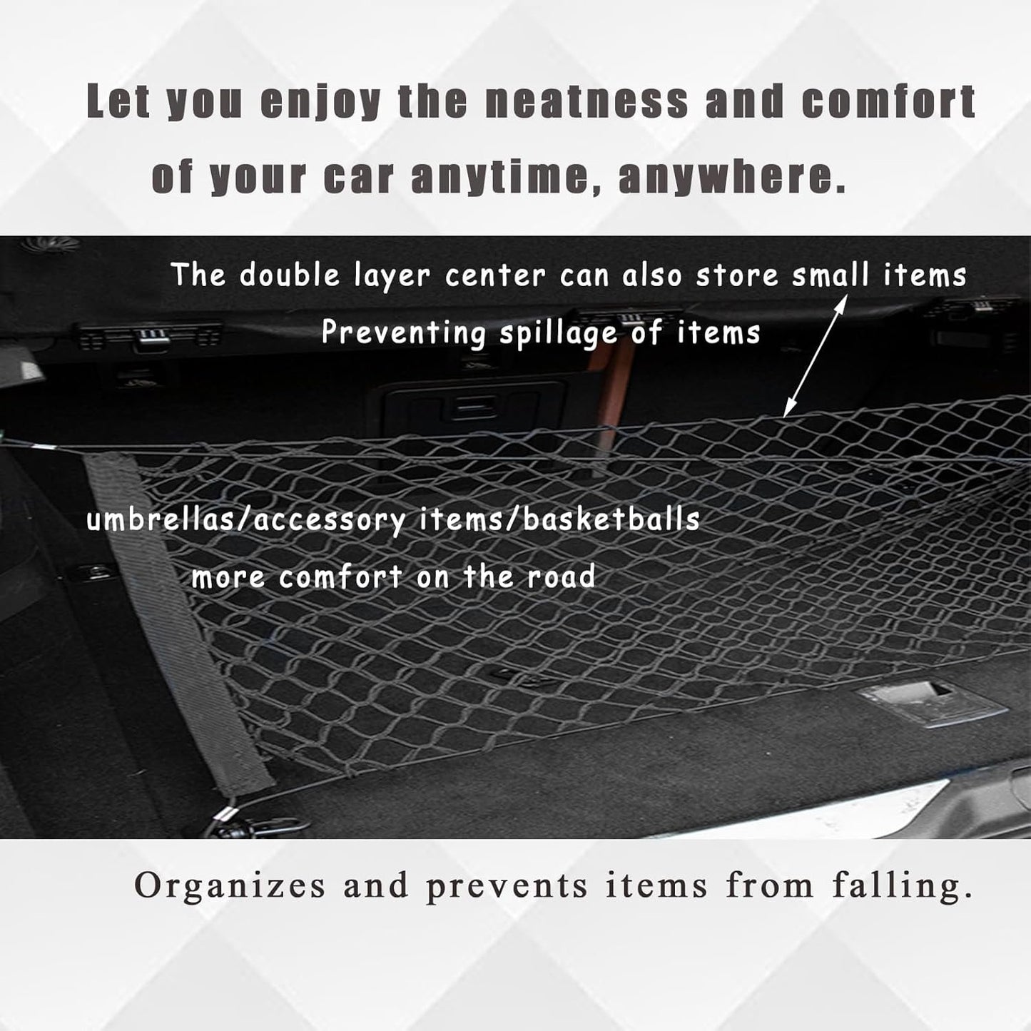 Ulifebetter Cargo Net Stretchable, 51*18In Trunk Storage Net Storage Organizer Net Elastic Mesh Net Bag Automotive Cargo Nets with 4 Buckles Screws Hooks Clips Trunk Storage Net for Pickup Truck Bed