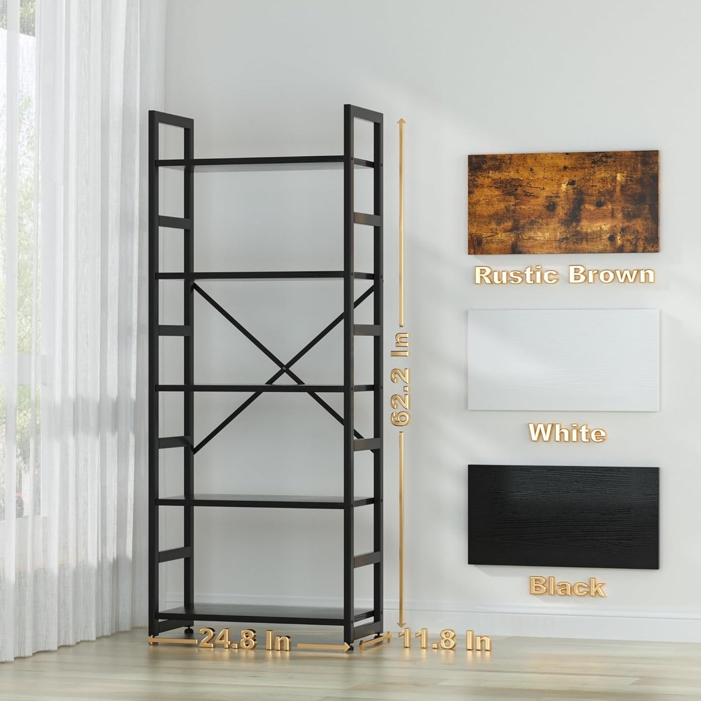 Leadiy Industrial Bookshelf,5-Tier Rustic Black Book Shelves,24”Storage Rack with Metal Frame，Standing Wood Bookcase, Display and Book Organization in Living Room,Bedroom 24 * 11.8 * 63 inch(Black
