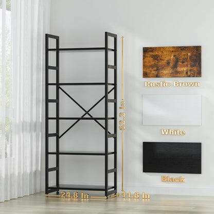 Leadiy Industrial Bookshelf,5-Tier Rustic Black Book Shelves,24”Storage Rack with Metal Frame，Standing Wood Bookcase, Display and Book Organization in Living Room,Bedroom 24 * 11.8 * 63 inch(Black