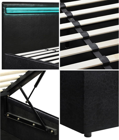 Oikiture Bed Frame Double Size Pu Leather Bed Frame Gas Lift with Storage and LED Light Bed Base Black