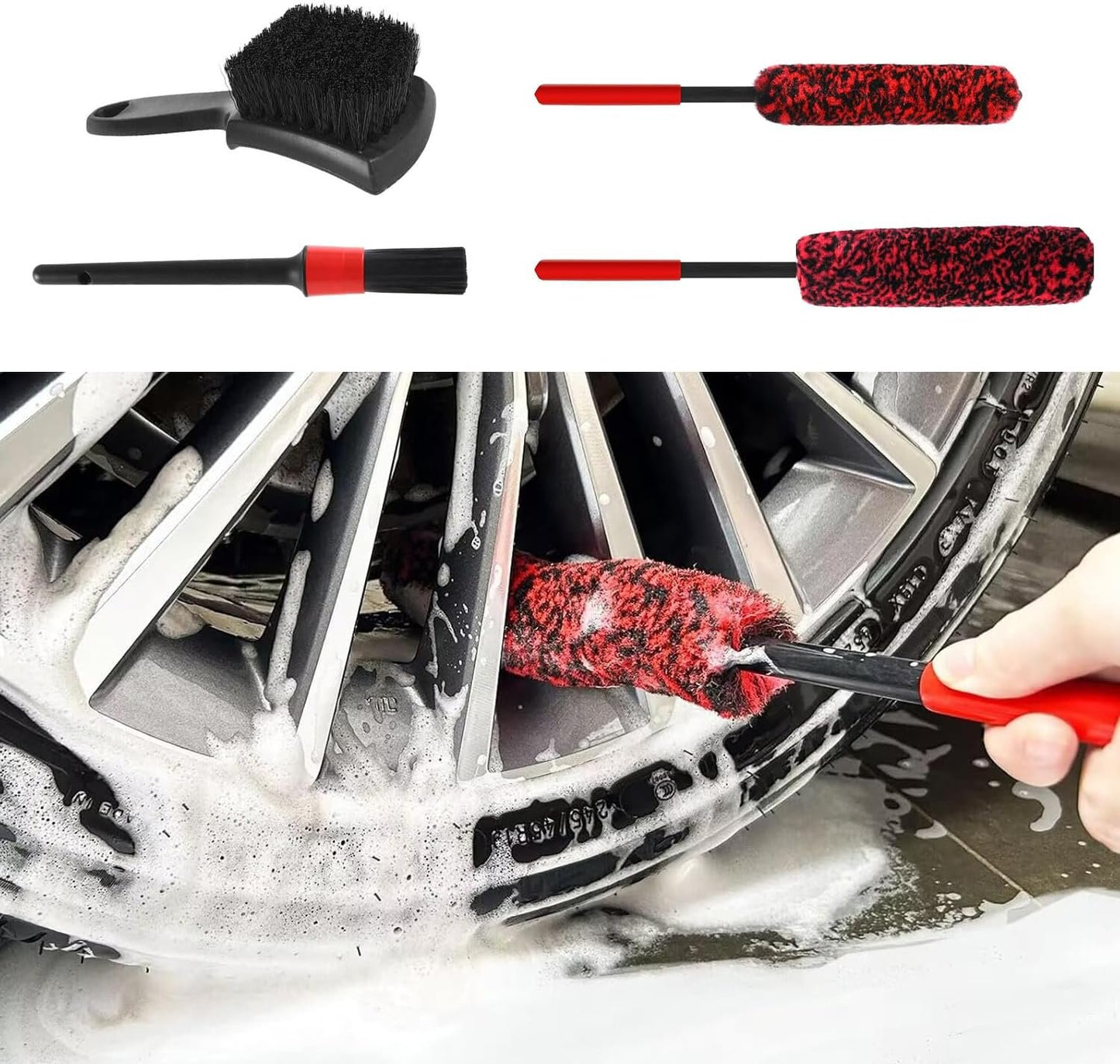 H HOME-MART 4 Pack Long Handle Car Wash Kit Wheel Brush Kit Including 2PCS Soft Wheel Woolies Cleaning Brush, Detailing Brush And Tire Brush Bendable & Sturdy Wheel Rim Car Wash Kit