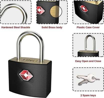 TSA Luggage Locks with Keys, [4 Packs][8 Keys] ZANZER Key Travel Locks, Suitcase Padlock for Luggage, Keyed Luggage Locks Brass for Gym Lockers, Laptop Bags,Travel Suitcases (Black 4-Pack)