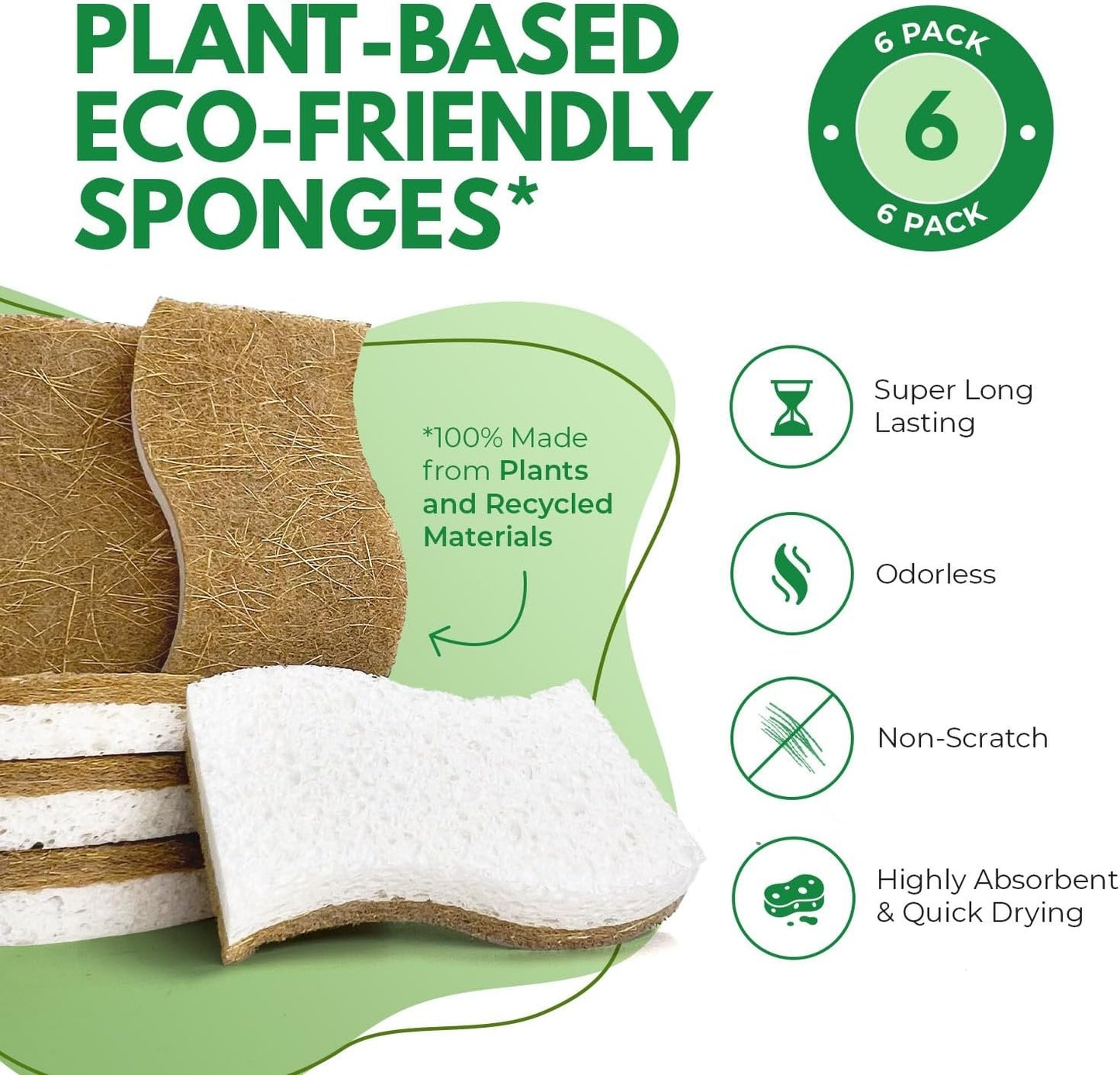 AIRNEX 6 Pack Biodegradable Natural Kitchen Sponges - Eco Friendly Cellulose and Coconut Husk - Non Scratch, Odourless, Dual Sided, Multipurpose, Sponges for Dishes with Dish Scrubber