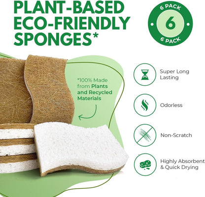 AIRNEX 6 Pack Biodegradable Natural Kitchen Sponges - Eco Friendly Cellulose and Coconut Husk - Non Scratch, Odourless, Dual Sided, Multipurpose, Sponges for Dishes with Dish Scrubber