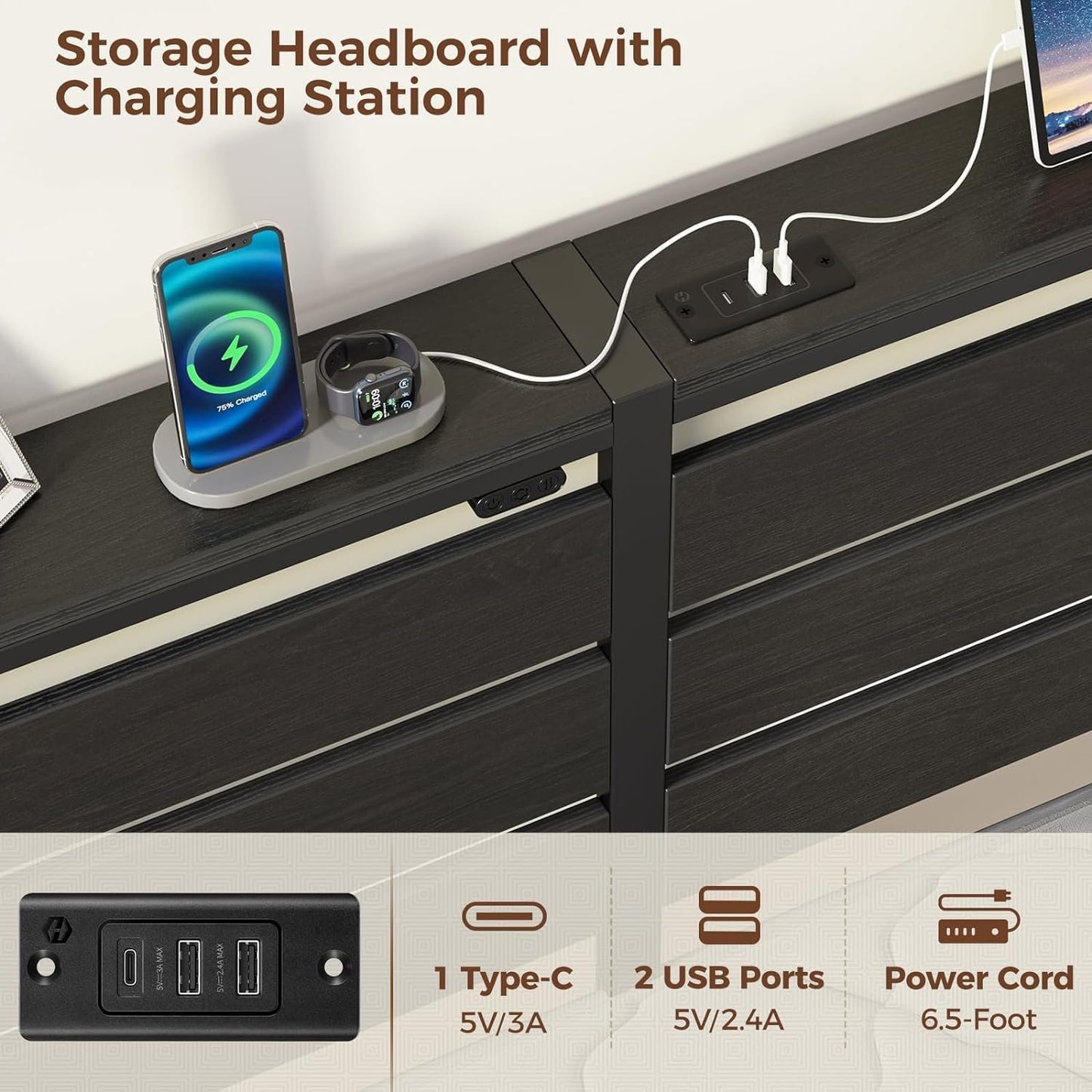 Rolanstar Bed Frame Twin Size with USB Charging Station, LED Bed Frame with Wood Storage Headboard, Black Single Metal Platform Bed with Under Bed Storage, No Box Spring Needed, Noise Free
