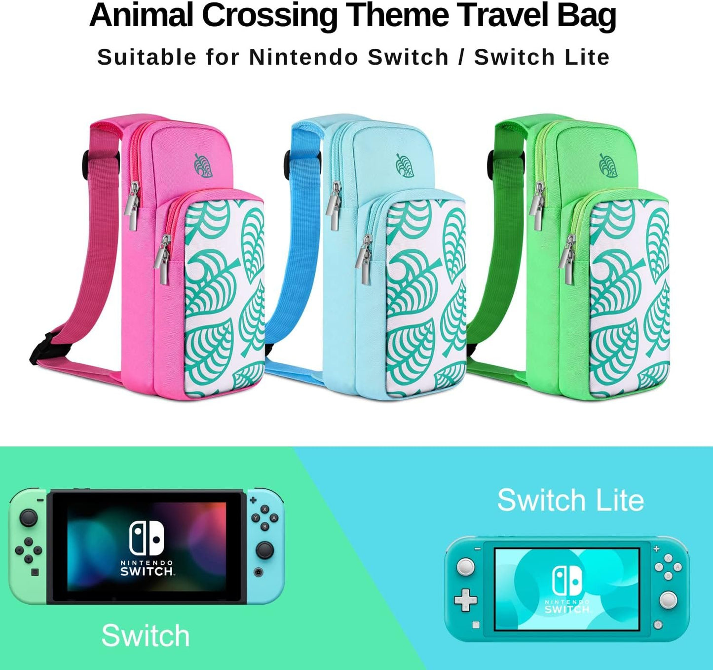TNP Switch Bag, Travel Bag Compatible with Nintendo Switch & Switch Lite - Shoulder Bag Travel Case Cute Portable Carrying Backpack for Animal Crossing Games Accessories Console & Dock Charger - Green