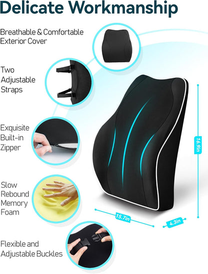 TRAVEL EASE Ergonomic Lumbar Support Cushion, Memory Foam Back Support for Car Seat Office Chair Gaming Chair, Backrest with Skin-Friendly Cover & Dual Adjustable Straps, Black