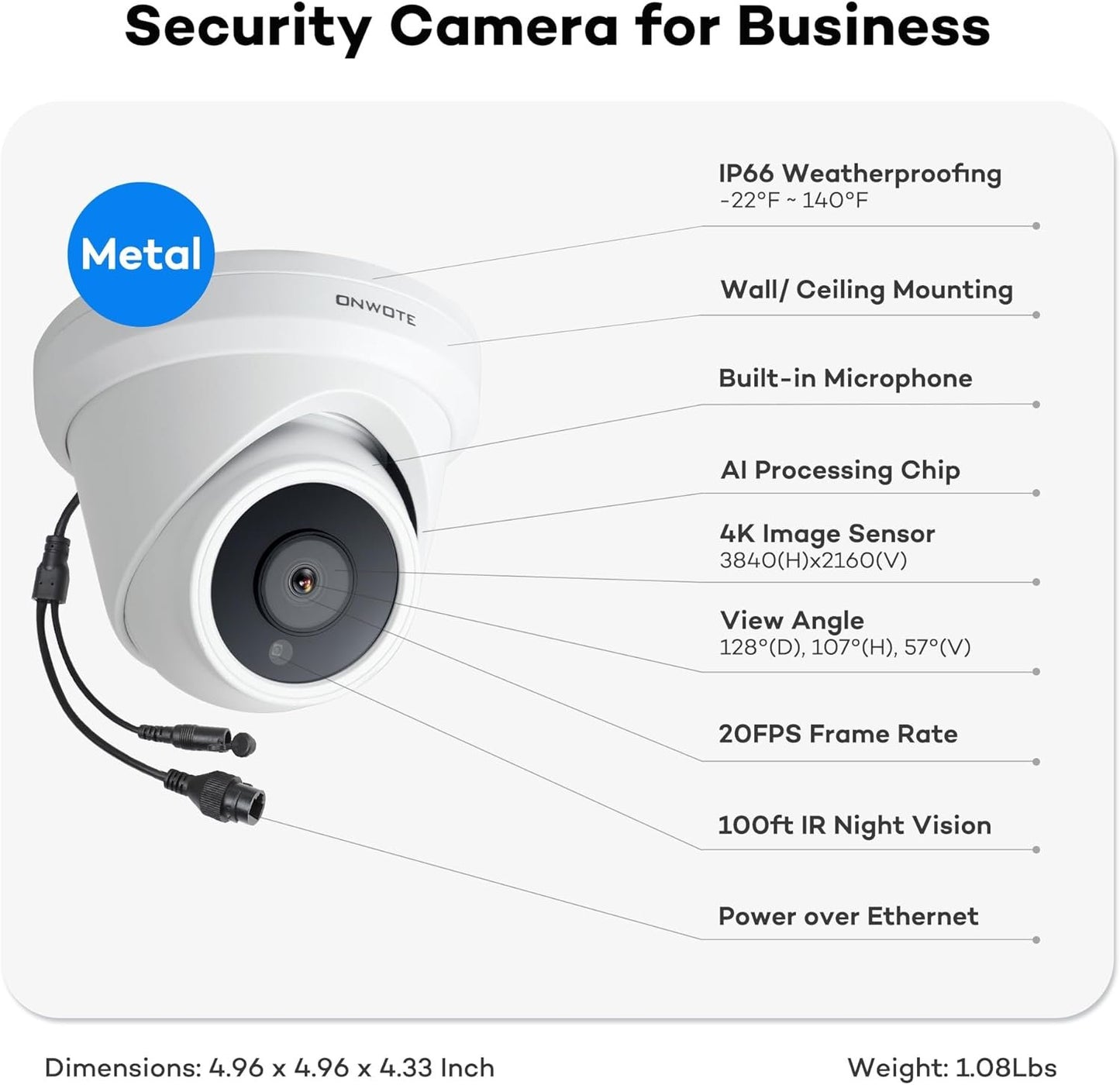 ONWOTE 4K 8MP UltraHD PoE IP Security Camera, AI Human Vehicle Detection, 3840x2160 8 Megapixels, 128° FoV, Video Audio, Indoor Outdoor, Commercial Wired Camera for Business, Add-on to PoE NVR System