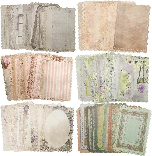 Mililanyo 60 Sheets Lace Edged Scrapbook Stationery Paper Assorted Set - 6 Pack Vintage Paper for Letter Writing Scrapbooking Embellishments Planner Bullet Junk Journal Supplies Collage Background