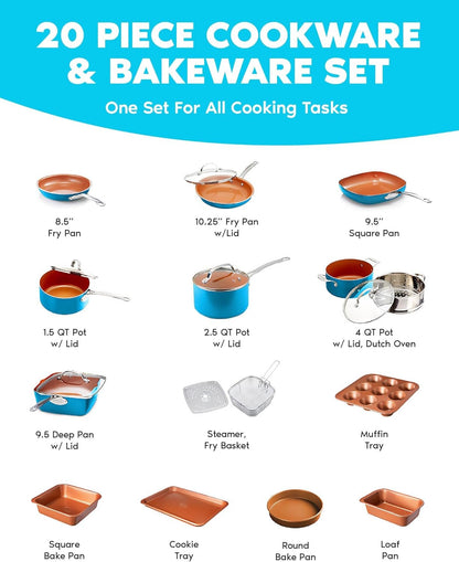Gotham Steel Pots and Pans Set Nonstick, 20 Pc Non Stick Cookware Set, Long Lasting Nonstick Kitchen Set with Pan Set Pot Set Baking Set, Stay Cool Handles, Dishwasher Safe, 100% Toxin Free- Turquoise