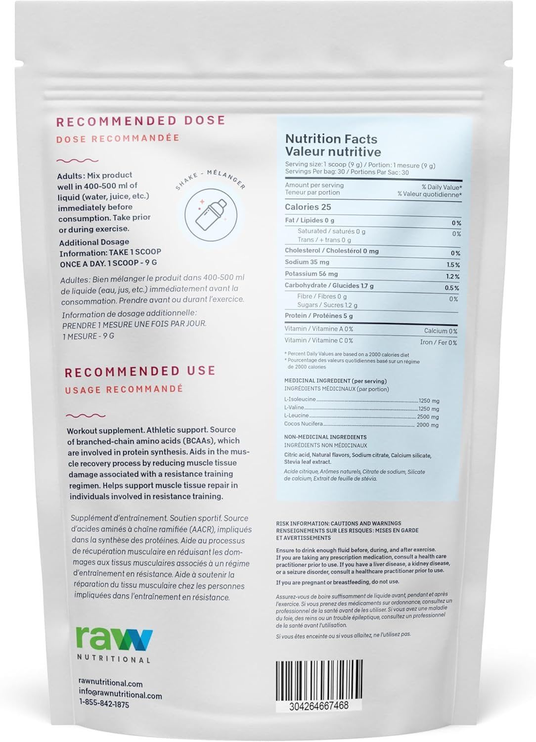 Raw Nutritional Vegan BCAA Powder | 5g 2:1:1 Ratio Amino Acids BCAAs, 2g Coconut Water Crystals | Post Workout Muscle Recovery & Electrolyte Support | 30 Servings (Pink Lemonade)