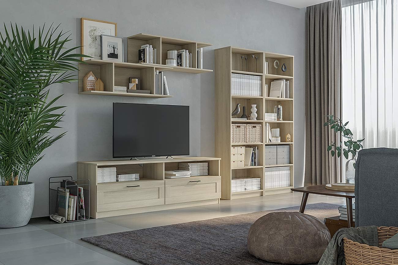 Iconico Home MIK Traditional TV Cabinet with 2 Drawers and Day Compartments, Living Room, Living Room, Bedroom, 160 x 44.5 x H 53.5 cm, Oak