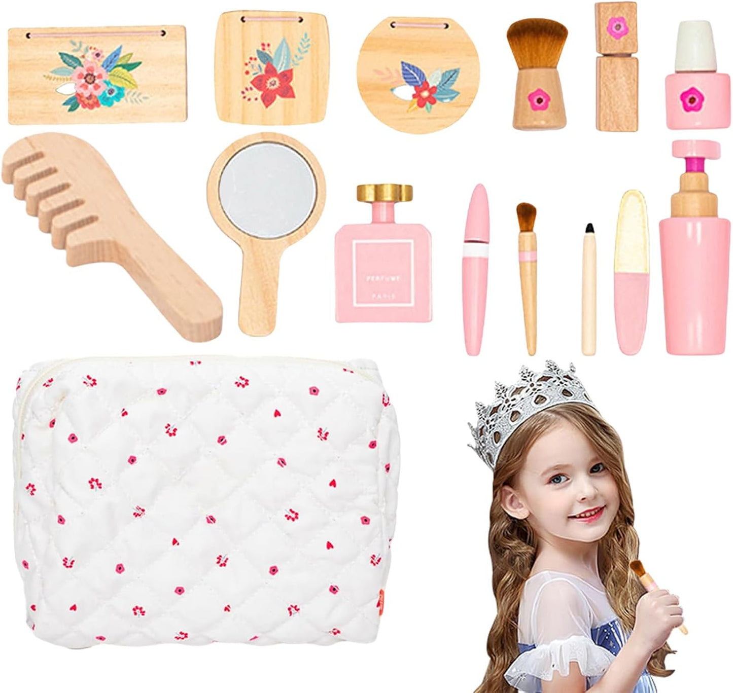 Wood Beauty Hair Salon & Makeup, Pretend Play Dress-Up Kit, Safe Educational Makeup and Hair Toy Set for Boys and Girls, Child-Friendly Design, Crafted from Smooth, Harmless Materials