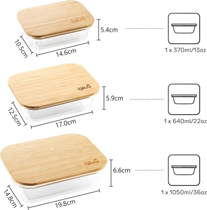 Igluu Meal Prep Glass Food Storage Containers (Set of 3), Eco-friendly Food Containers with Bamboo Lids, Nesting Glass Meal Prep Containers, Airtight Lunch Box, Plastic-free (with 3 stretchable bands)