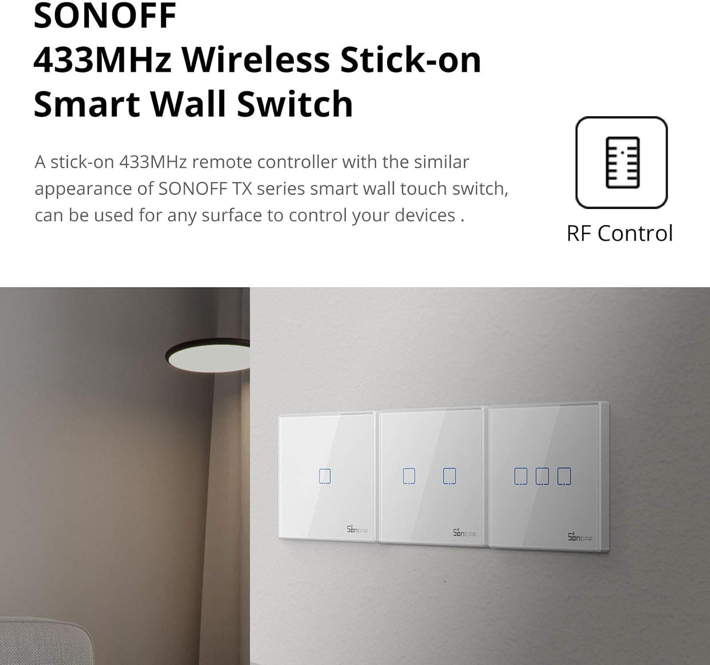 SONOFF T2EU1C-RF Button 86 Type Wall Panel Wireless RF Remote Control 433MHz Sticky, Two Way Control,No Wiring Required, Battery Required (Not Included), 3 Group