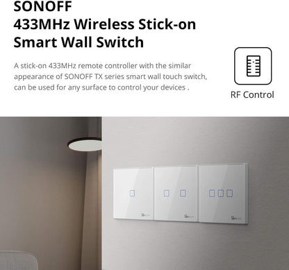 SONOFF T2EU1C-RF Button 86 Type Wall Panel Wireless RF Remote Control 433MHz Sticky, Two Way Control,No Wiring Required, Battery Required (Not Included), 3 Group
