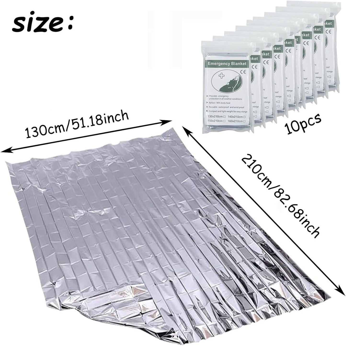 10 PCS Outdoor Emergency Blankets, Survival Reflective Thermal Foil Blanket, Ideal for Outdoors, Hiking, Survival, Escape, Marathon or First Aid(Silver)