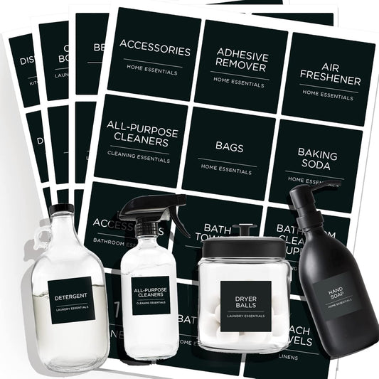 144 PCS Minimalist Laundry Room Labels Set, v2croft Water Resistant Stickers,Water/Oil Resistant Stickers for Laundry Room, Linen Closet Home Bathroom and The Beauty Organization(Black)