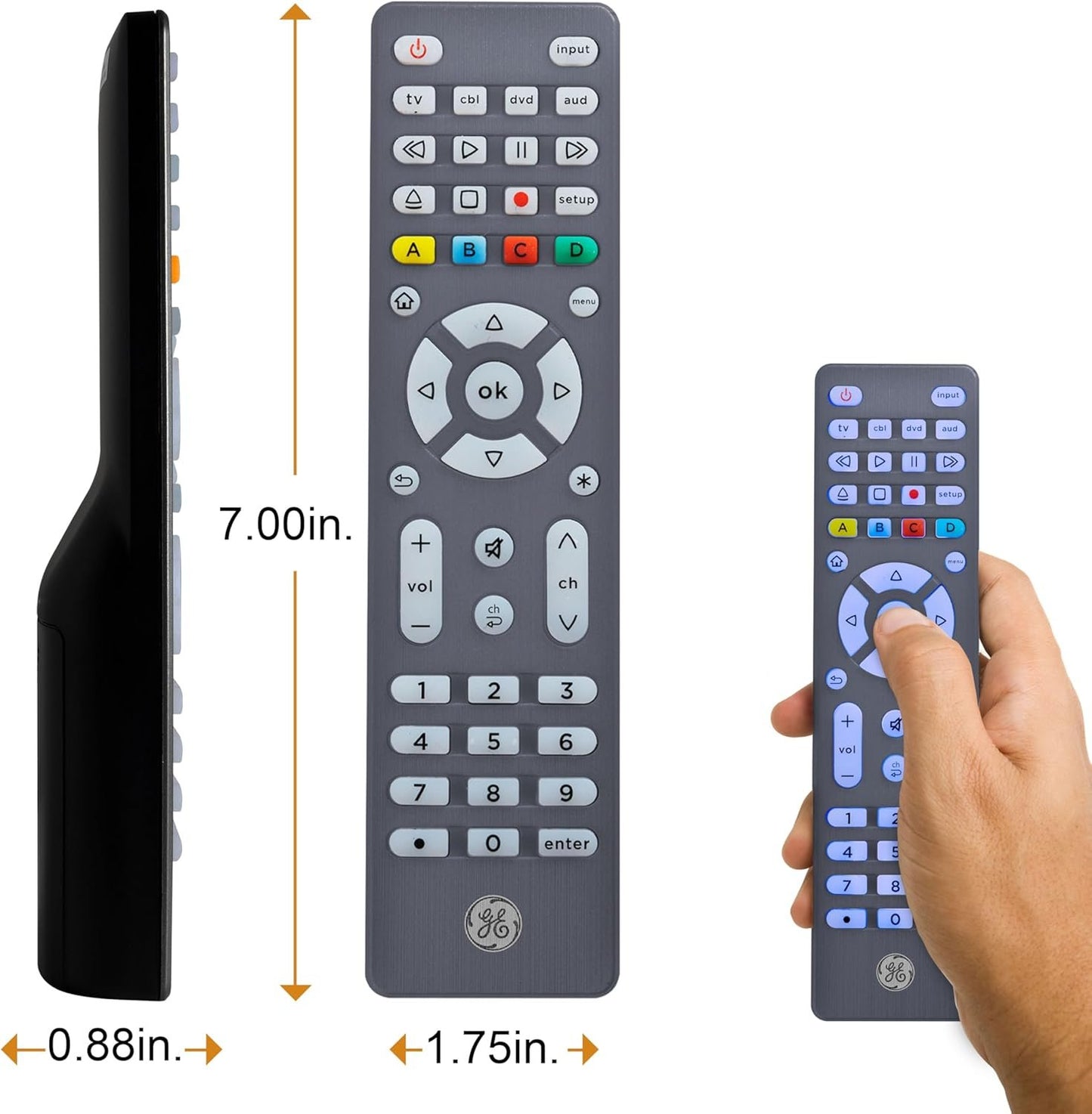 GE Backlit Universal Remote Control for Samsung, Vizio, LG, Sony, Sharp, Roku, Apple TV, RCA, Panasonic, Smart TV, Streaming Players, Blu-Ray, DVD, Simple Setup, 4-Device, Graphite, 48848