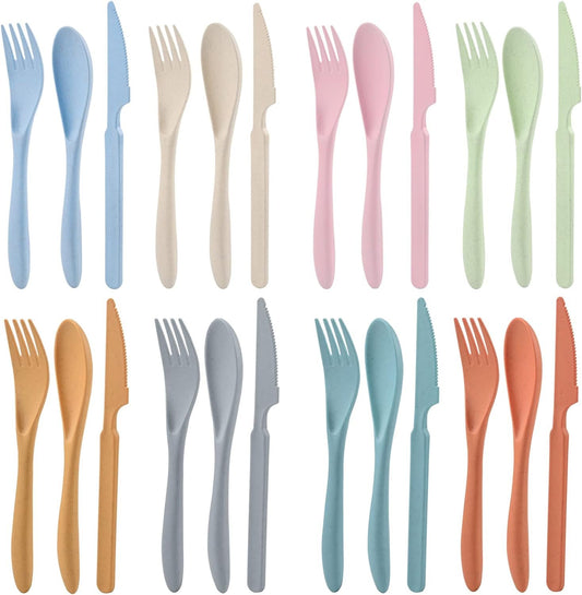 24 Pieces Forks Spoons Knife Set, Wheat Straw Cutlery Set, Reusable Flatware Set for 8, Utensils for Party, Travel, Work, Picnic, Camping or Daily Use
