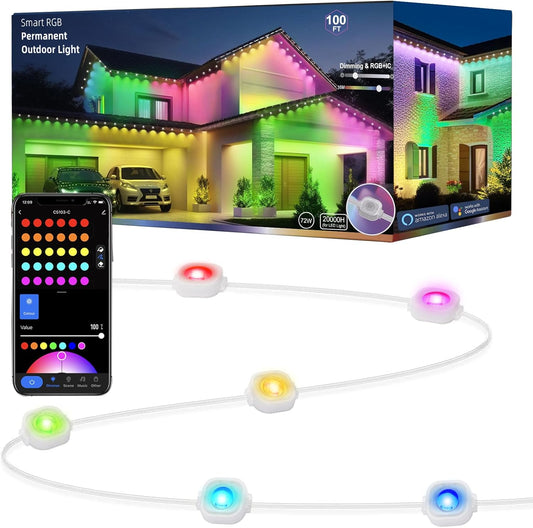Permanent Outdoor Lights for House, 100ft Smart RGB+IC Color Outdoor Lights with 63 Scene,IP67 72 LED Eaves Lights for Holiday, Christmas, Daily Lighting, Smart Life APP Control