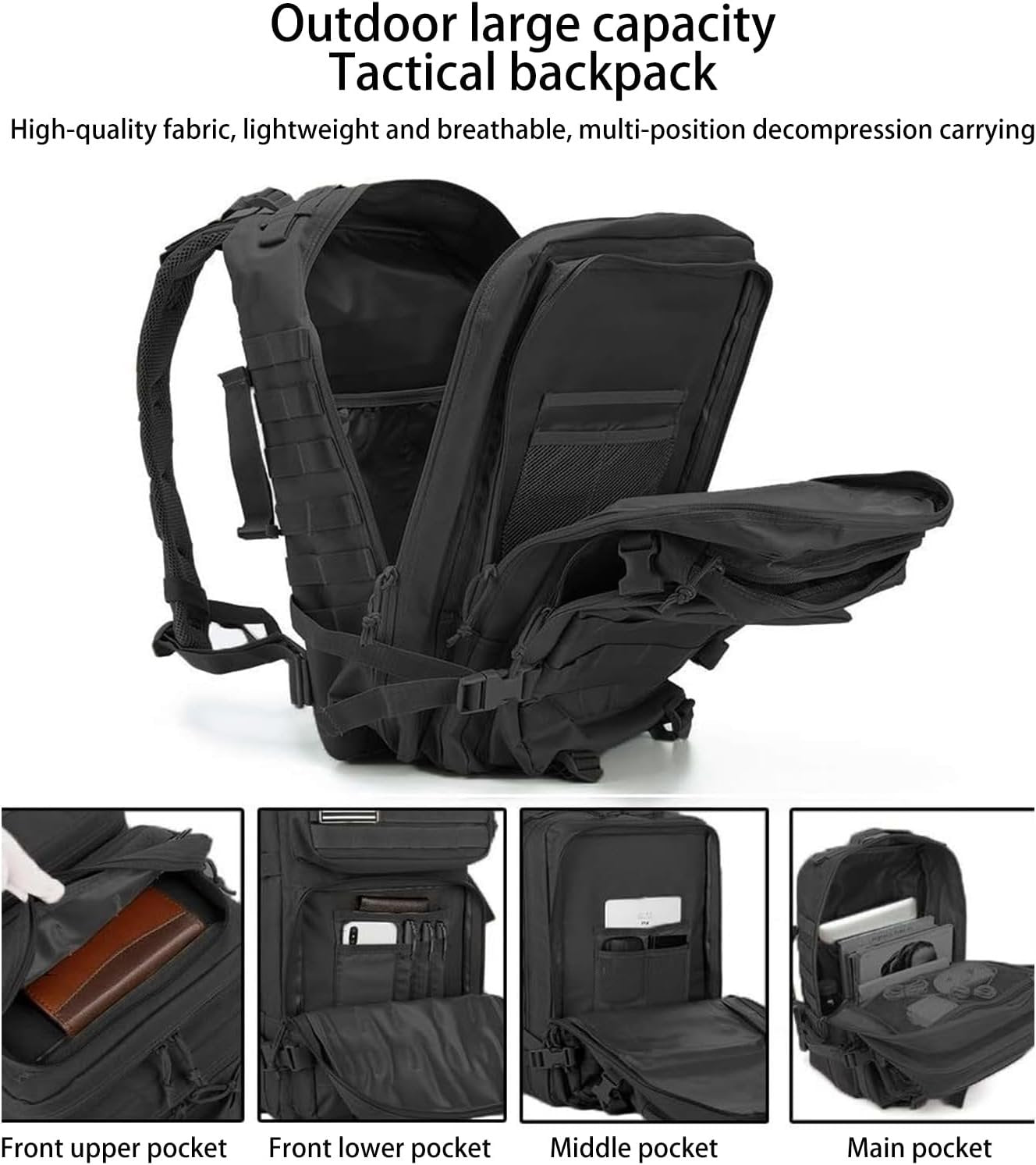 Lizbin Military Tactical Backpack, Military Backpack 45L Tactical Rucksack, Travel Backpack, Large Capacity Survival Backpack Assault Pack for Outdoor Sports Hiking Camping Mountaineering (Black)