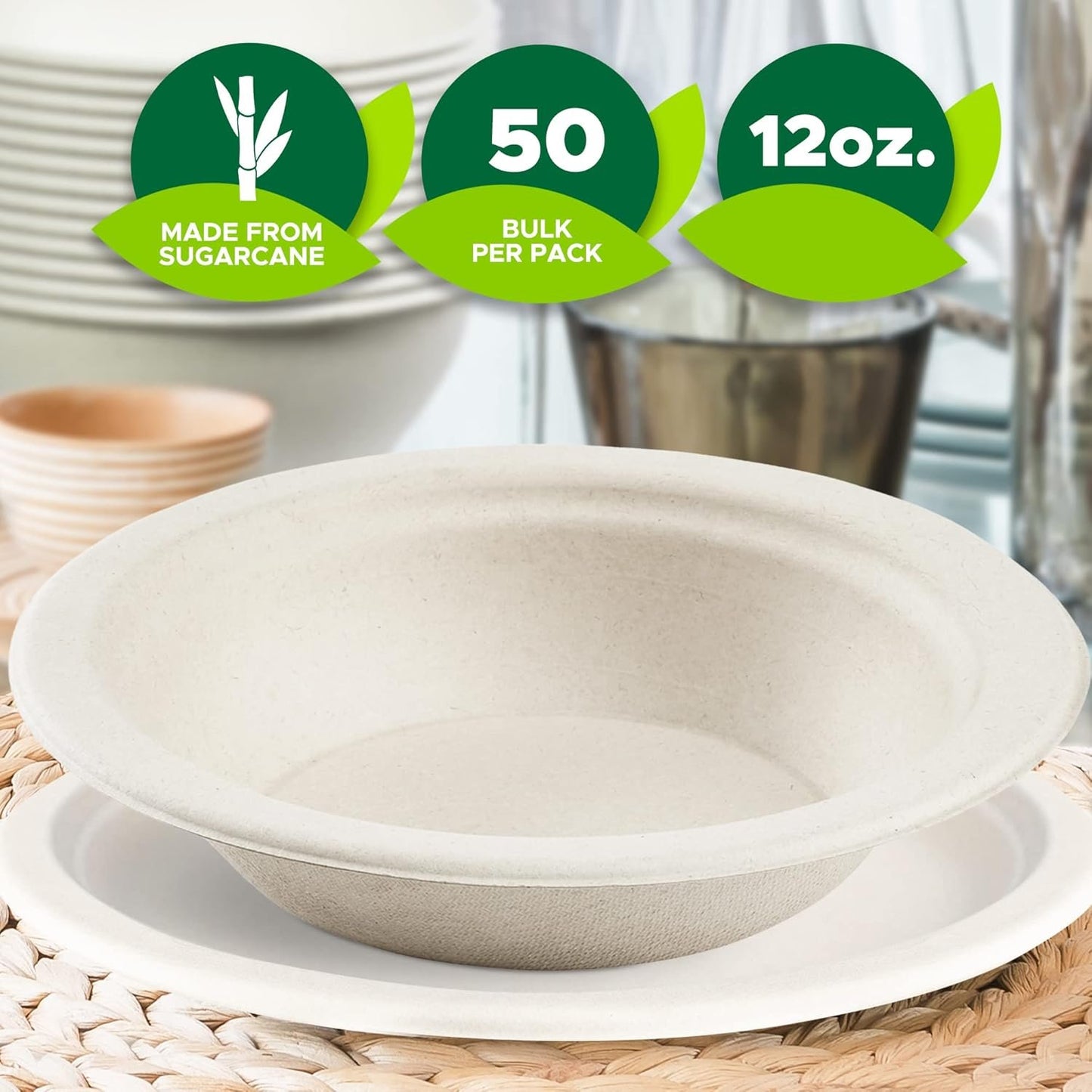 PAMI 100% Biodegradable Sugarcane Bowls [Pack of 50] 12 oz. Natural Compostable Soup Bowls- Planet-Friendly Bagasse Bowls For Hot & Cold Uses- Heavy-Duty Disposable Microwavable Paper Serving Bowls