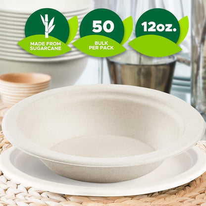 PAMI 100% Biodegradable Sugarcane Bowls [Pack of 50] 12 oz. Natural Compostable Soup Bowls- Planet-Friendly Bagasse Bowls For Hot & Cold Uses- Heavy-Duty Disposable Microwavable Paper Serving Bowls