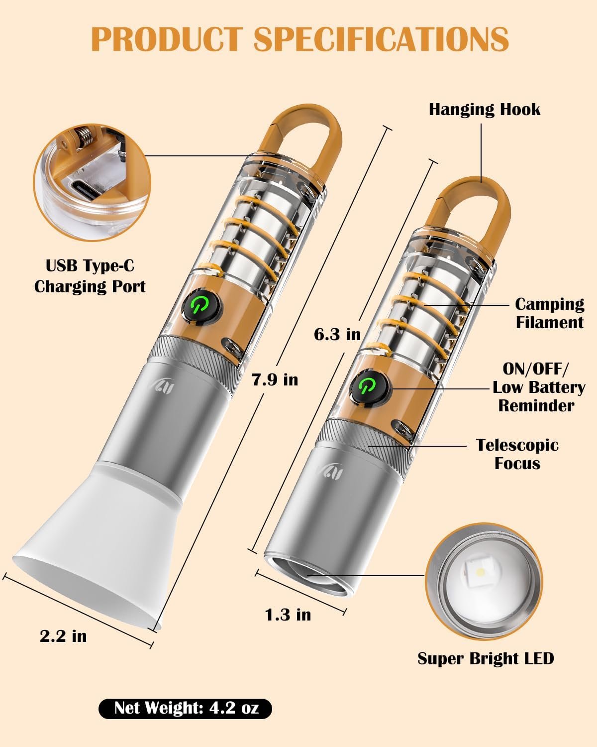 VLU Flashlight, Tactical Flashlights High Lumens, Rechargeable 1000 Lumens LED Flashlight with 5 Modes, Focus Zoomable Flashlights for Home, Outdoor & Emergency, Gift for Men Women, XST-X10