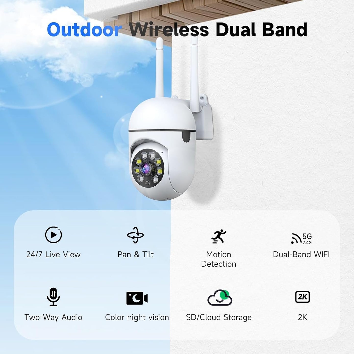 1080P Outdoor Security Camera Wired, 2.4G/5G WiFi Home Surveillance Cam with 360° Pan/Tilt, Color Night Vision, Motion Detection, 2-Way Audio, SD/Cloud Storage, Compatible with Alexa