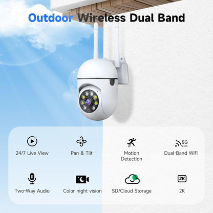 1080P Outdoor Security Camera Wired, 2.4G/5G WiFi Home Surveillance Cam with 360° Pan/Tilt, Color Night Vision, Motion Detection, 2-Way Audio, SD/Cloud Storage, Compatible with Alexa