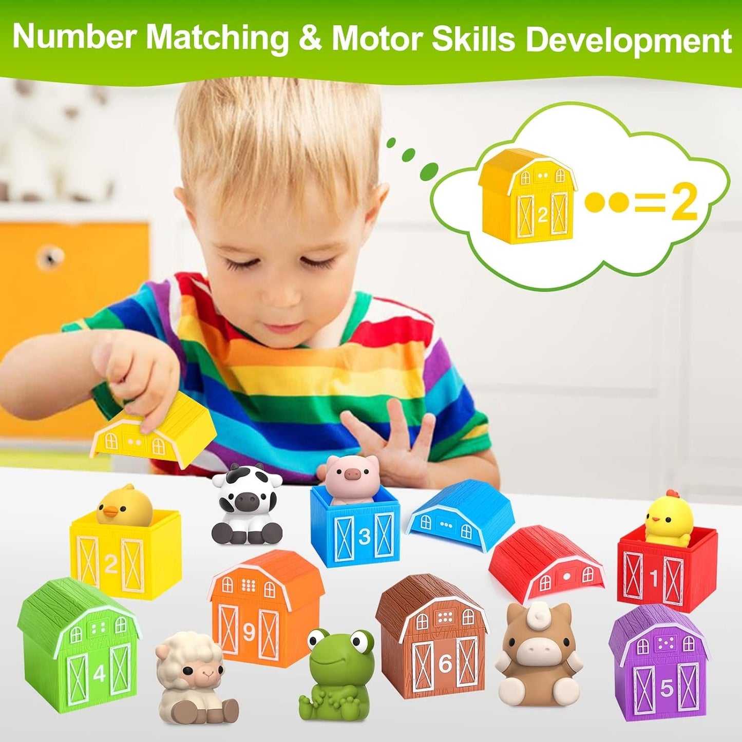 Learning Toy for Toddlers 1 2 3 Year Old, 10 Farm Animal Toys & 10 Barns, Counting, Matching & Sorting Montessori Educational Sensory Toys, Christmas Birthday Baby Boy Girl 1-3