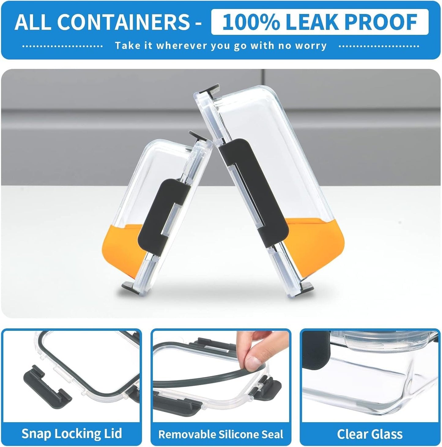 YOZOTI 10 Pack Glass Food Storage Containers with Lids, Glass Airtight Meal Prep Container Set for Lunch, on the Go, Leftover, Kitchen Pantry Organizers and Storage, BPA Free & Leak Proof (black)