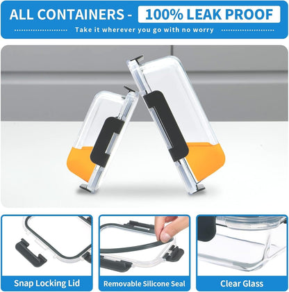 YOZOTI 10 Pack Glass Food Storage Containers with Lids, Glass Airtight Meal Prep Container Set for Lunch, on the Go, Leftover, Kitchen Pantry Organizers and Storage, BPA Free & Leak Proof (black)