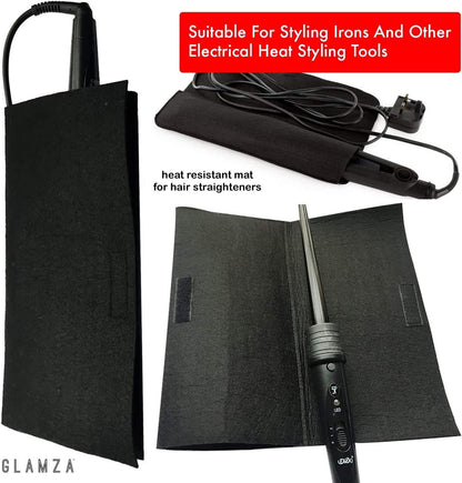Glamza Hair Mat with Storage Bag Made of Heat Resistant Safety Felt - Ideal for Home and Travel - Black