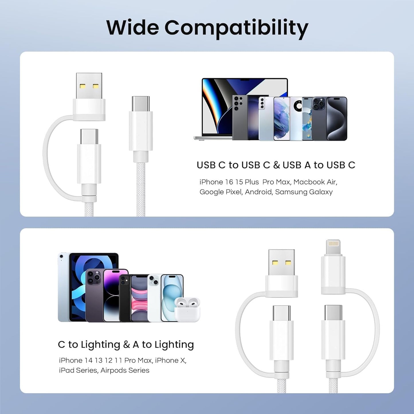 Basesailor iPad Mini 7 Charger,4 in 1 USB C Cable 6.6ft,60W Multi Charger Cord Universal Charging with USB A/Lightning Adapter for AirPods Pro 2 2023,AirPods Max 2024,iPhone 16 15 14,Apple iWatch 10 9