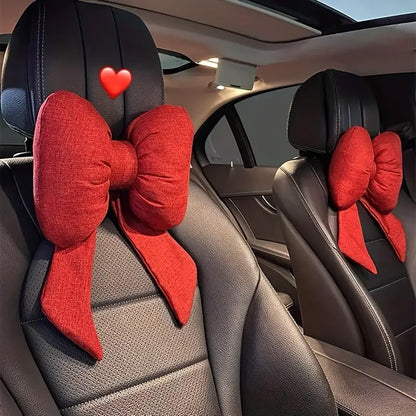 AIMALL Car Headrest Neck Pillow, Stylish Bow Design, Soft Cotton and Linen Fabric, Comfort Support for Head and Neck, Universal Fit, Black, Red or Pink, 11 x 8.6 Inches