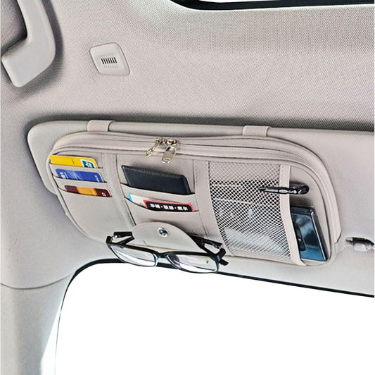 Da by Leather Car Sun Visor Organizer Auto Interior Accessories Pocket Organizer Car Truck Storage Pouch Holder with Multi-Pocket Net Zippers (Gray)