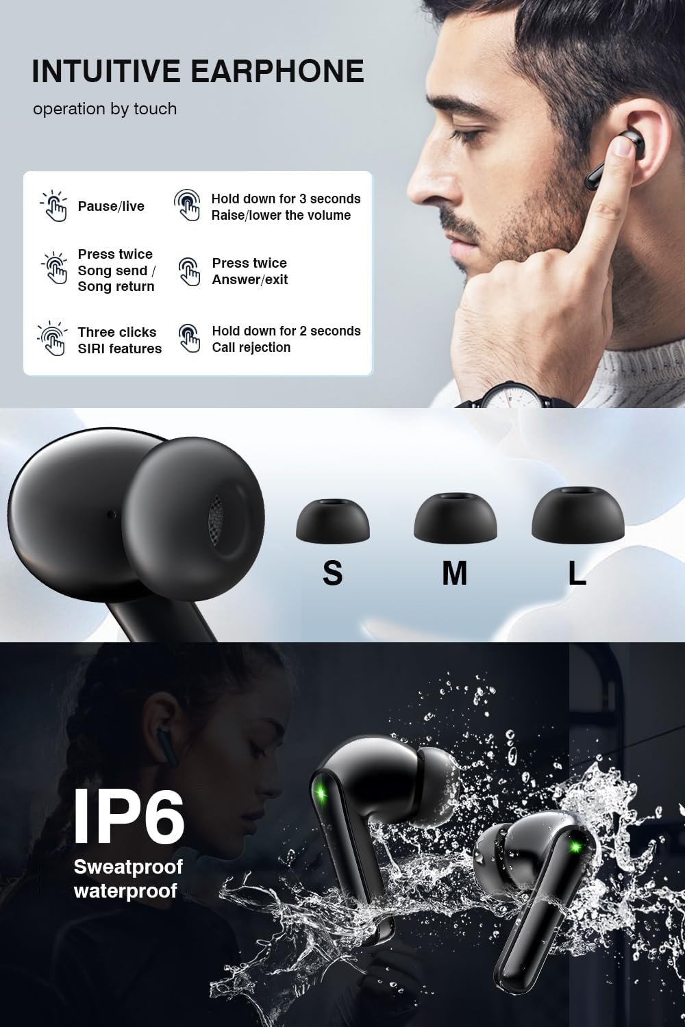Wireless Earbuds, Bluetooth 5.3 Headphones with HiFi Stereo Sound, 48H Playtime with LED Power Display Charging Case, IP6 Waterproof in-Ear Earphone with Mic for Sport