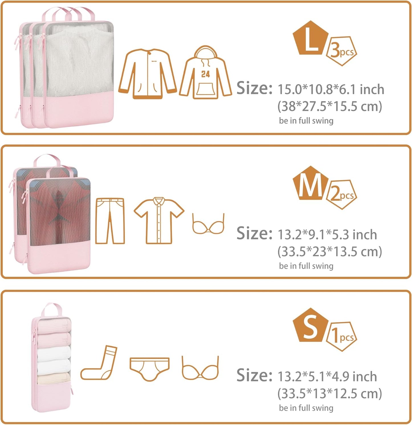 Veki Suitcase Organizer Set of 6 Travel Cubes, Compression Suitcase Organizer, Ultralight Suitcase, Compression Packing Cubes for Backpacks (Pink,3L+2M+1S)