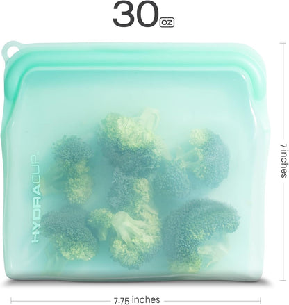 6 PACK - Hydra Cup Reusable Food Storage Silicone Bags, 30 ounces, Press to Lock, Stash Snacks & Meal Prep, Sandwich Size, Microwave, Oven, & Freezer Safe.