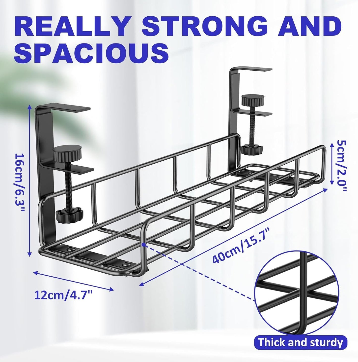 Under Desk Cable Management Tray, 15.7'' No Drill Steel Cable Tray Organizers, Wire Management Tray Cable Rack with Clamp Mount, Metal Under Desk Tray with Wire and Cord Organizer