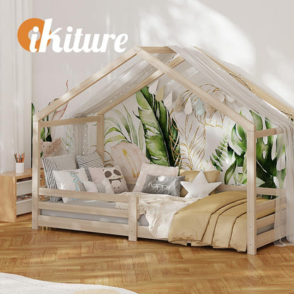 OIKITURE Single Bed Frame Day Beds, Wood Montessori Baby Toddler Kids Toddler Loft Floor Daybed Platform, Wooden Timber Frames Base for Bedroom Room Decor Home Furniture