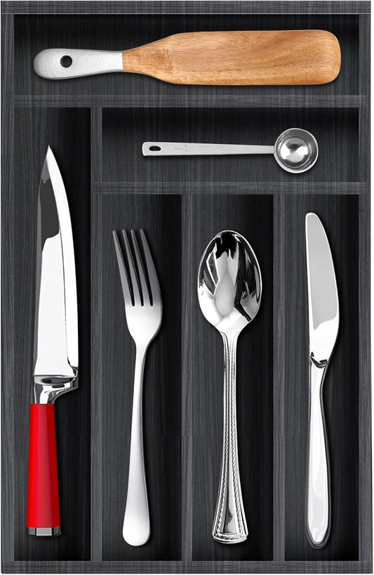 Kitchen Wood Utensil Tray Drawer Organizer, Wooden Cutlery Tray Silverware Drawer Divider 14.6"x9.5" Flatware Organizer Black Bamboo Silverware Tray Cutlery Utensil Holder for Drawer Tray