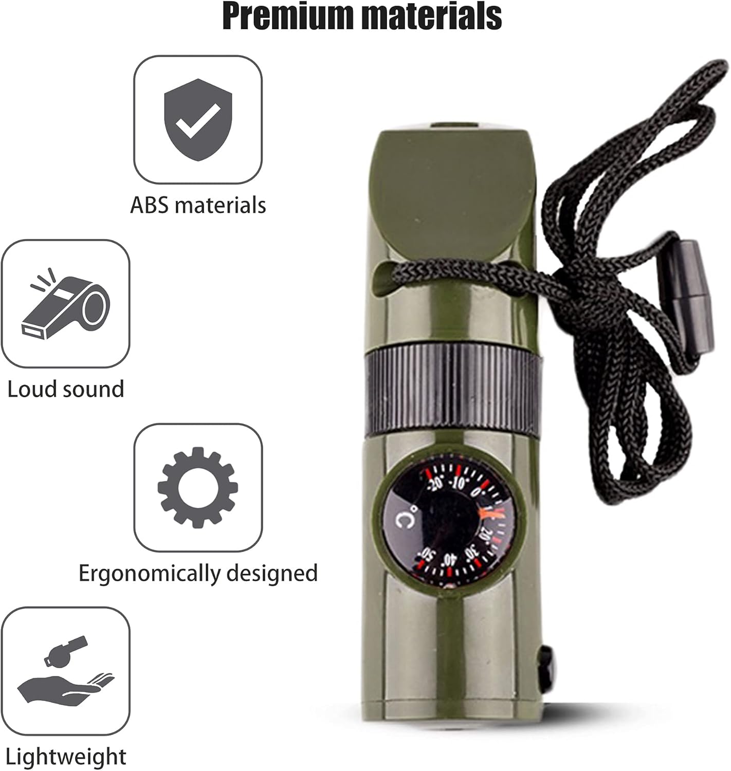 Emergency Survival Whistle,Multifunctional Outdoor Tools,Loud Safety Signaling,Compass/Thermometer/Light/Magnifier/Reflector Mirror/Storage Room/Lanyard,Expedition/Exploration/Hiking/Camping/Climbing